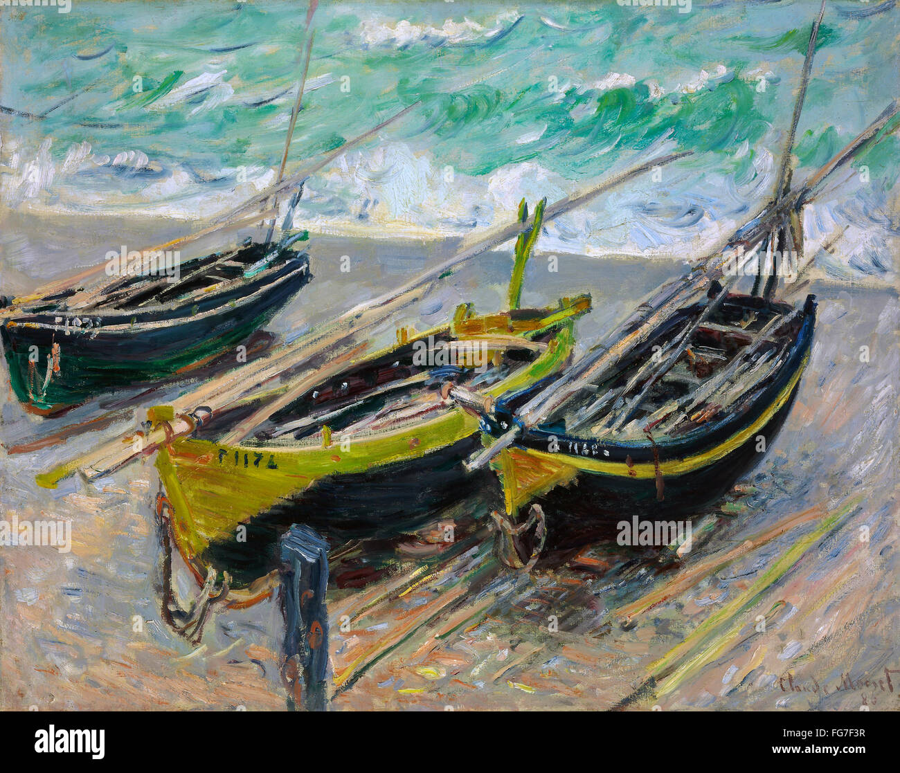 MONET: tres barcos de pesca. /Borrilla sobre lienzo, Claude Monet, 1886. Foto de stock