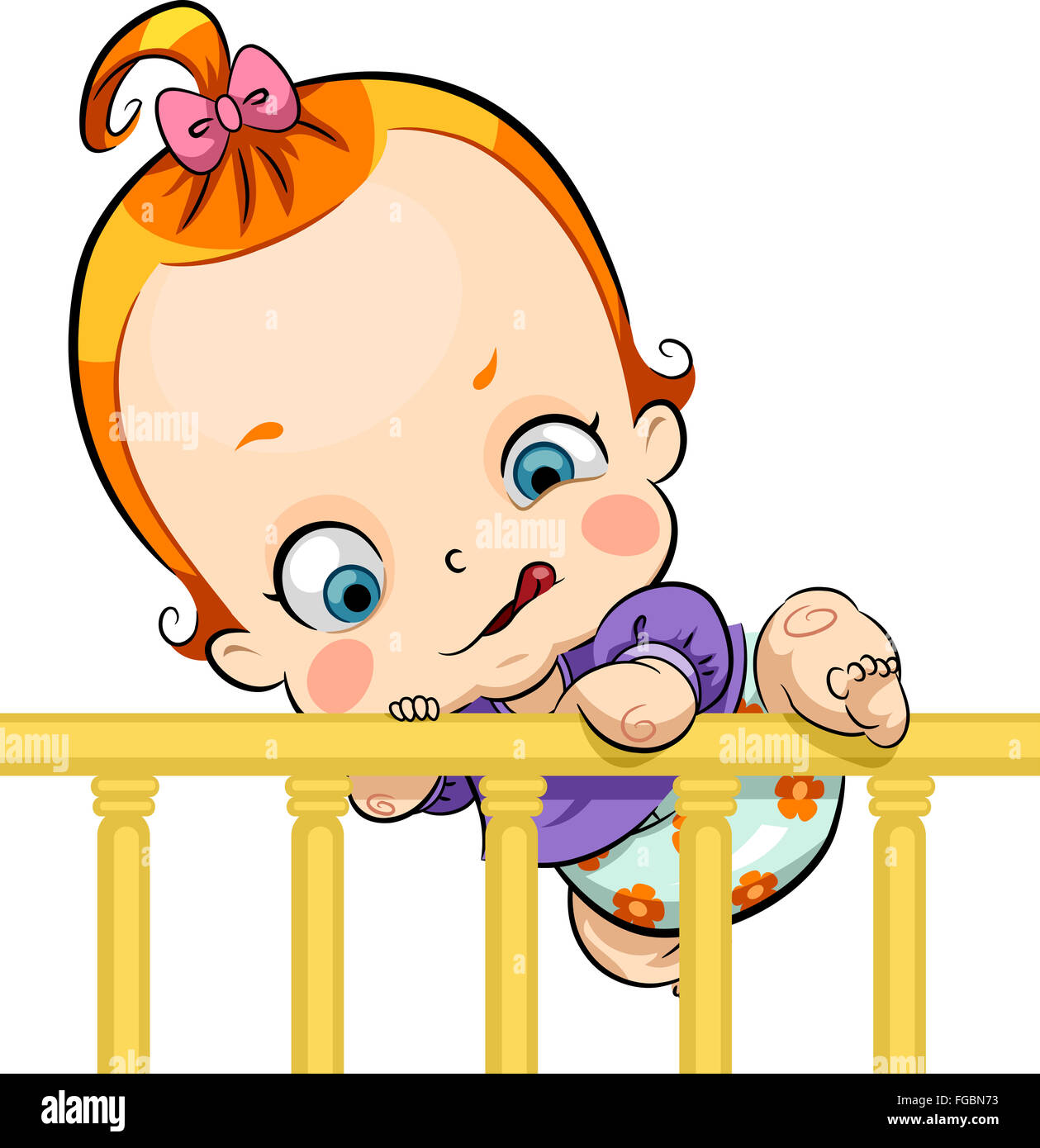 Ilustración de un lindo bebé intenta escapar de una cuna Foto de stock