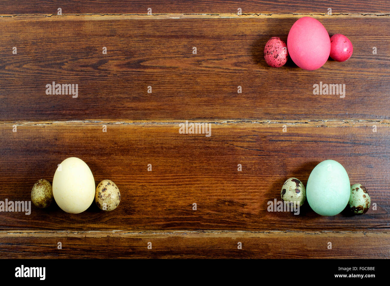 Varios huevos y huevos de codorniz con tarjeta sobre fondo de madera de la parte superior Foto de stock