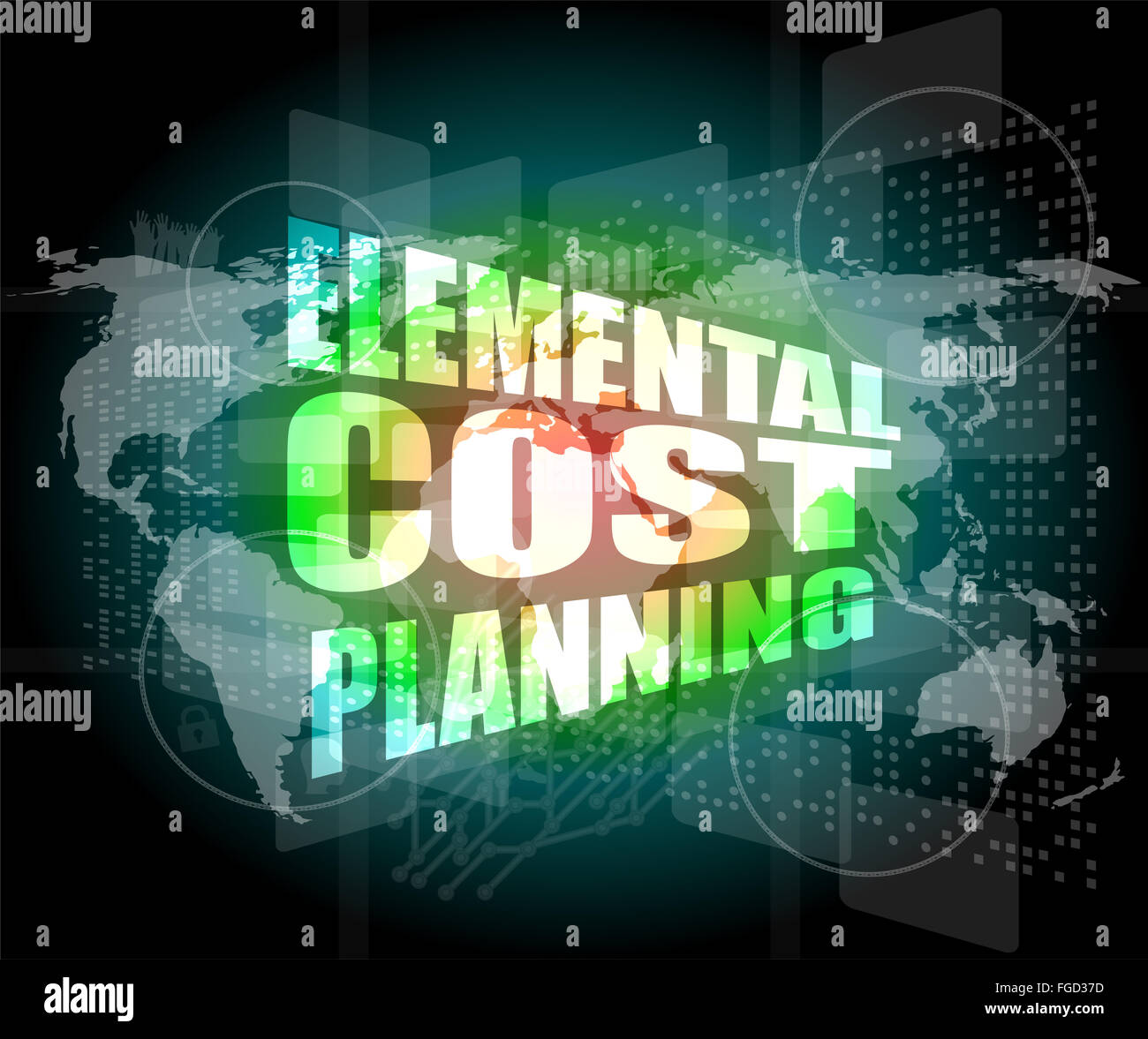 Planificación de costes elemental palabra sobre negocios pantalla táctil digital Foto de stock