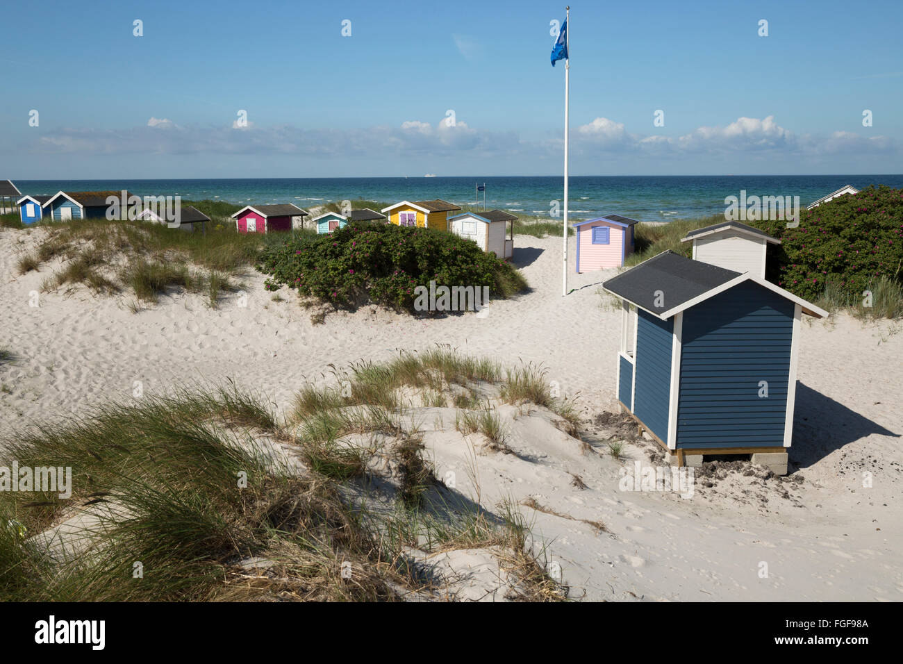 Coloridas casetas de playa de dunas de arena, Skanor Falsterbo, Península de Falsterbo, Escania, sur de Suecia, Suiza, Escandinavia, Europa Foto de stock