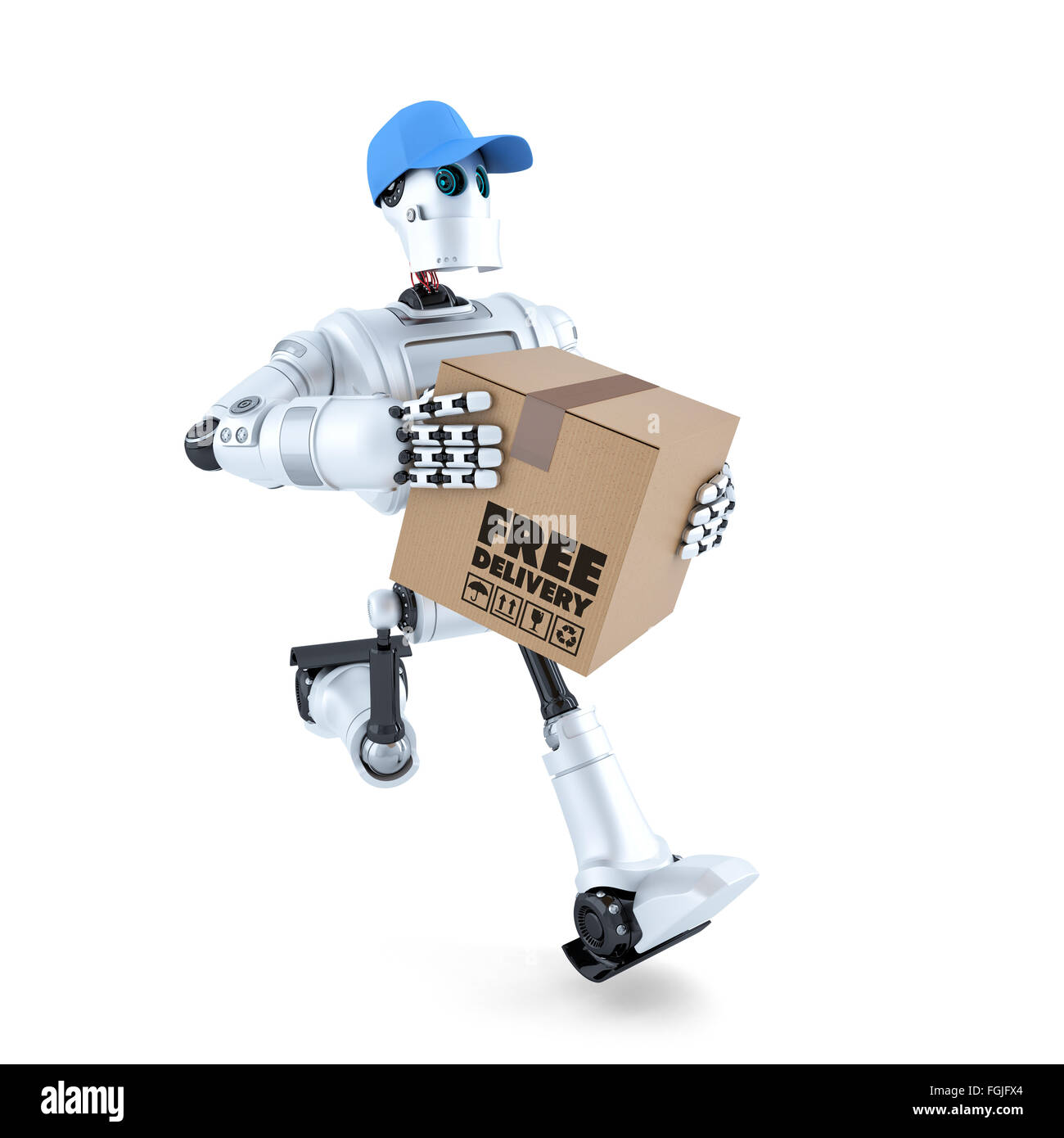 3D Robot mensajero con el paquete. Concepto de entrega gratuita. Aislado  sobre blanco. Contiene trazado de recorte Fotografía de stock - Alamy
