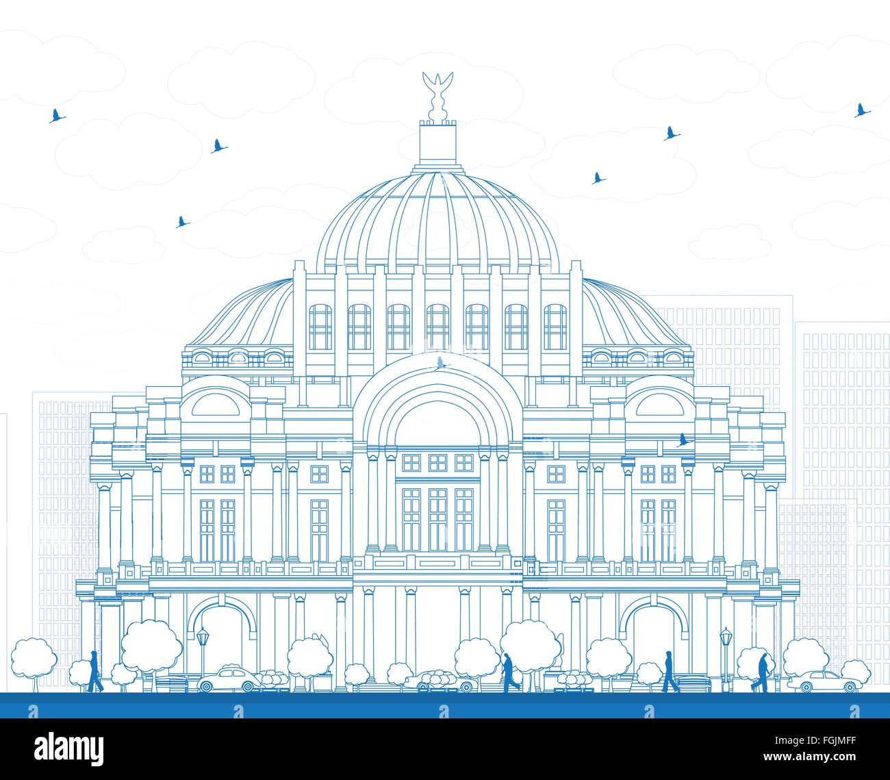 Esbozo del Palacio de Bellas Artes y el Palacio de Bellas Artes en la Ciudad de México, México. Ilustración vectorial. Ilustración del Vector