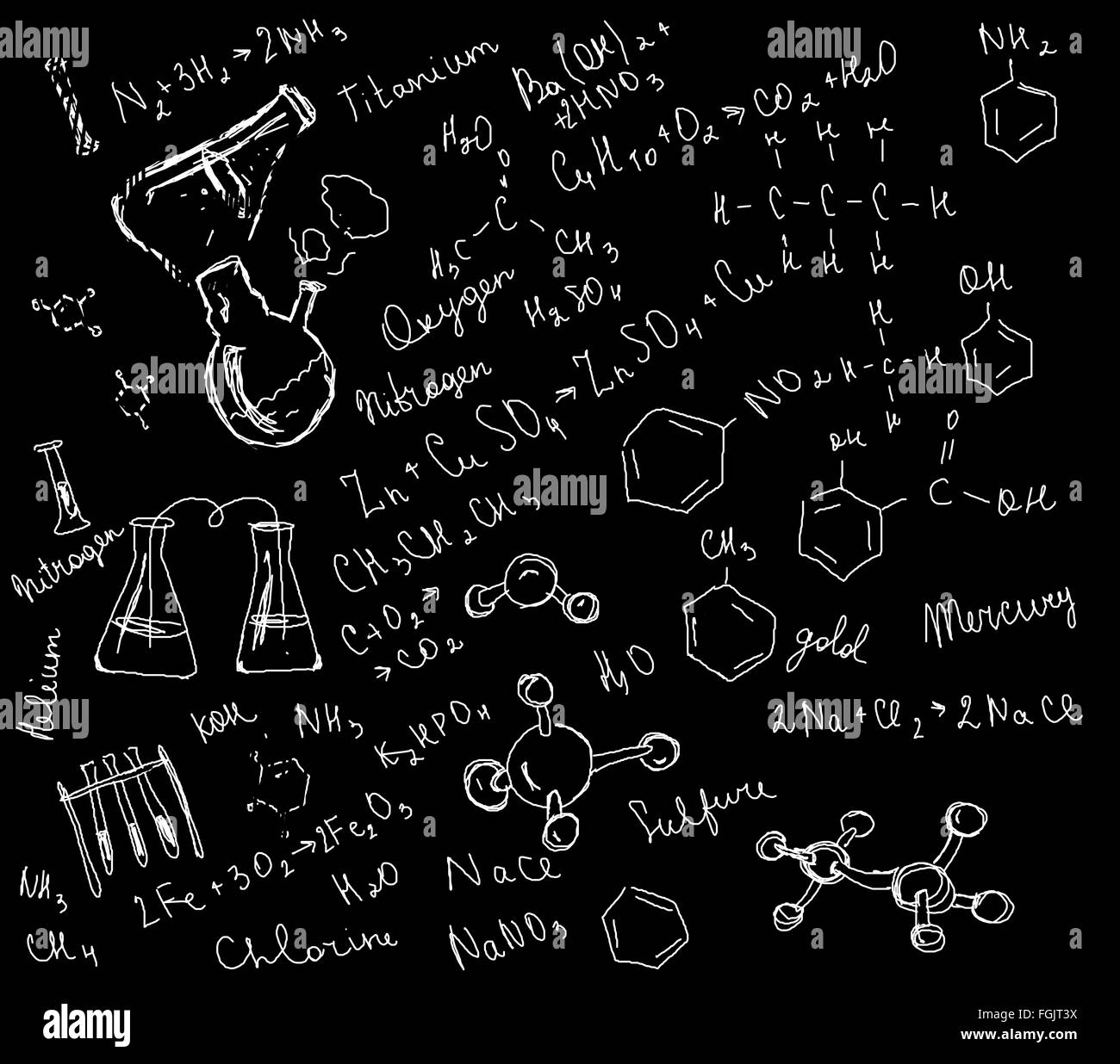 Dibujar el tema química sobre un fondo negro Fotografía de stock - Alamy