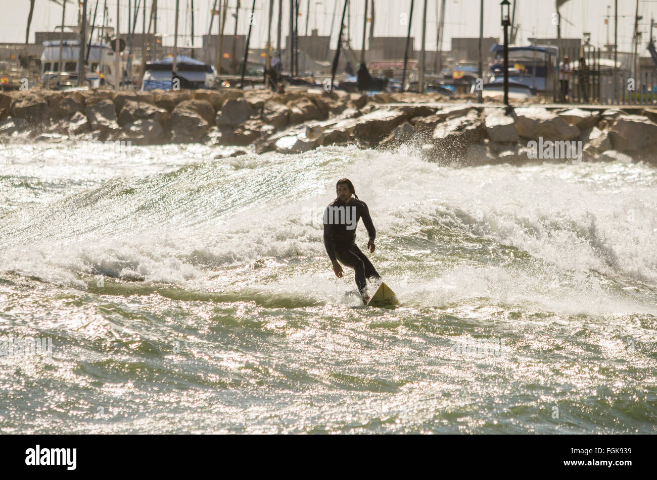 Fuengirola, Málaga, Andalucía, España. 20 de febrero de 2016. Código Naranja es dada de alta olas y viento. Surfer se aprovecha de las olas altas. Crédito: Perry van Munster/ Alamy Live News Foto de stock