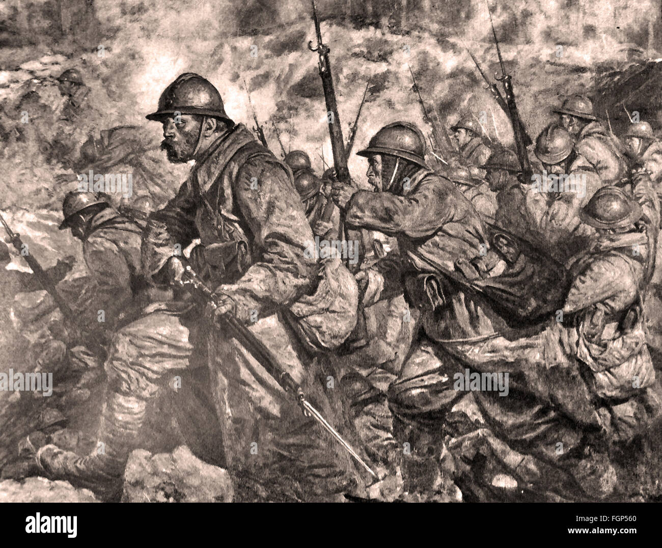 La batalla de Verdun 1916 - El asalto - Grabado Foto de stock