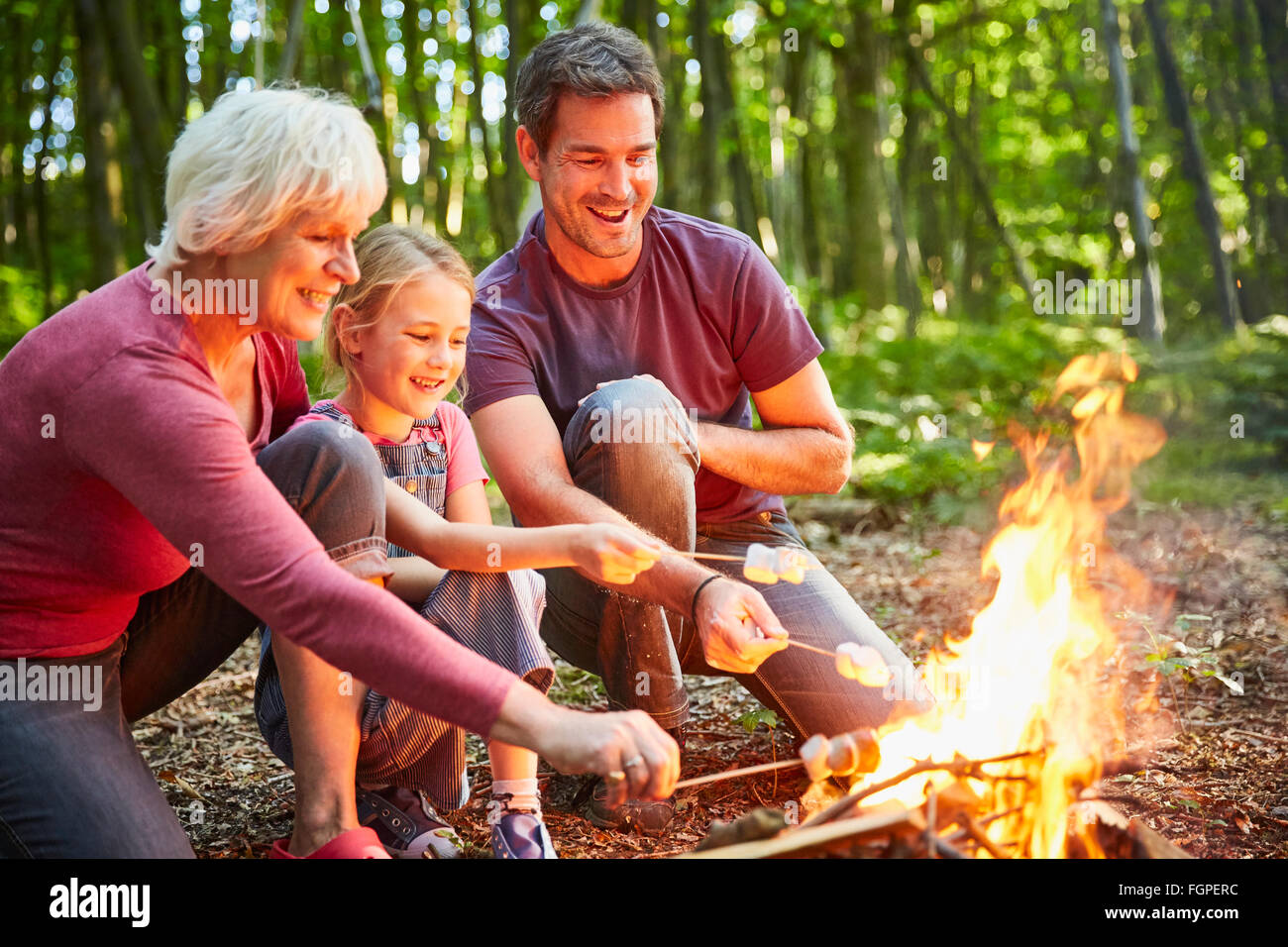 Multi-familia generación asar malvaviscos en una fogata en el bosque Foto de stock