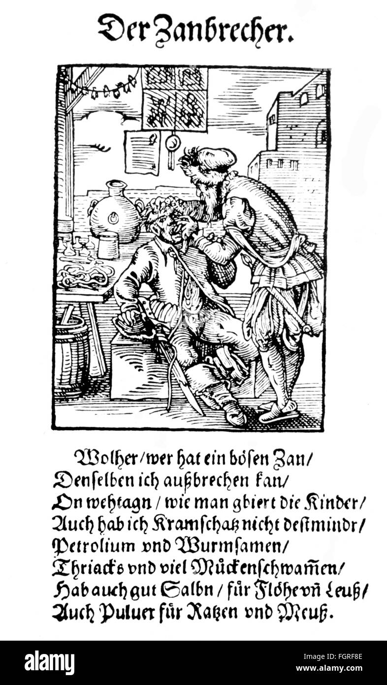 Gente, profesiones, dentista, corte de madera por Jost Amman (1539