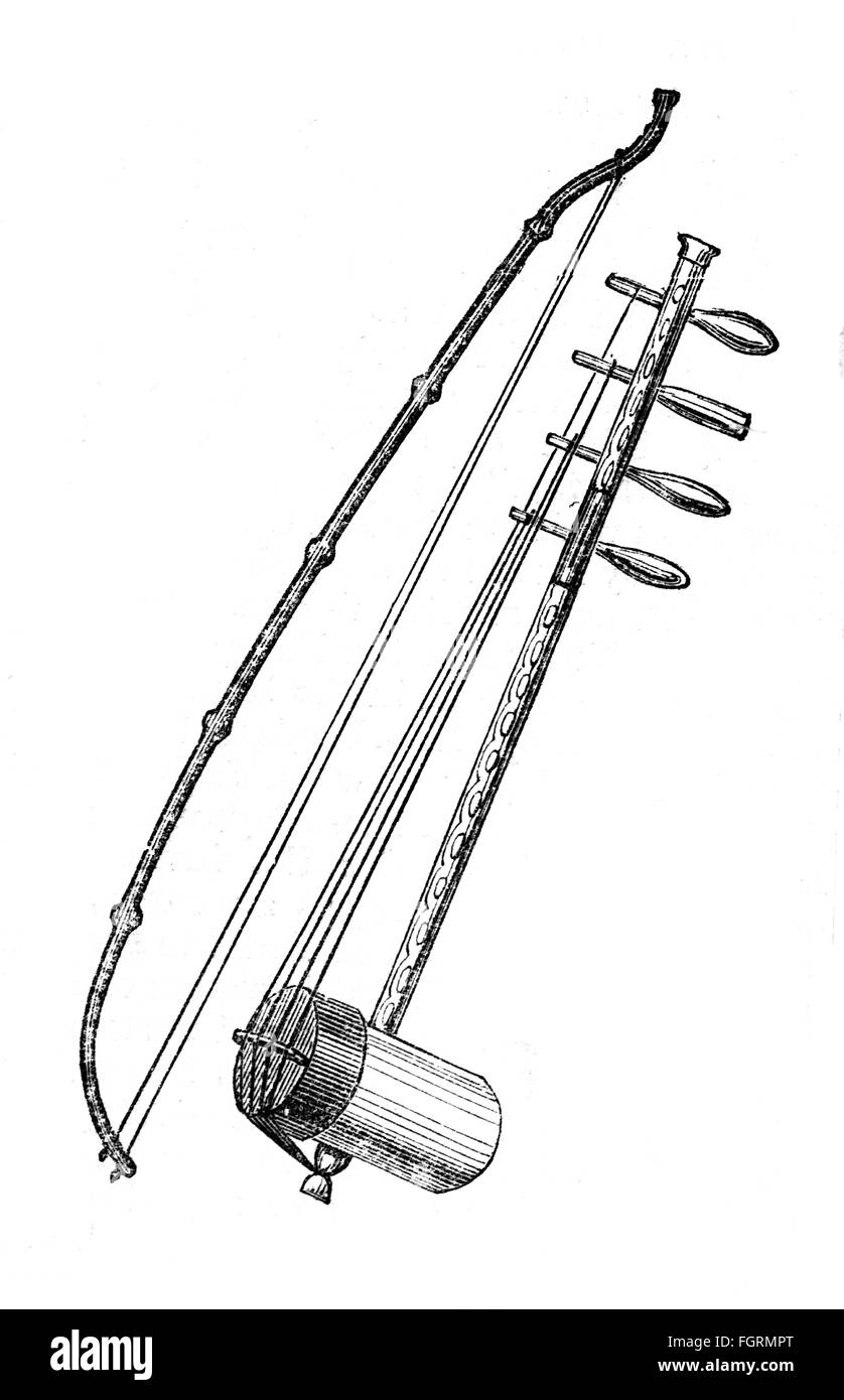 Música, instrumento musical, instrumento de cuerda, violín chino de cuatro  cuerdas, grabado de madera, medio siglo XIX, arcos, arco de cuerda,  instrumento de cuerda, instrumentos de cuerda, instrumentos de cuerda,  cordofono, instrumento