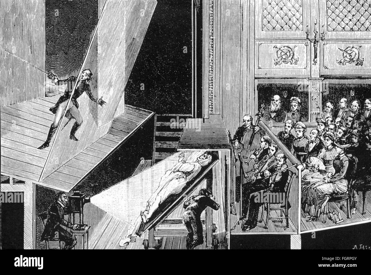 Cine / cine,inicios de la cinematografía,aparición según el principio de la  Cámara oscura para la película por George Melies(1861 - 1938),1898,grabado  de madera por A.Tilly,circa 1900,1 siglo IX,gráficos,trucos,efectos  especiales,efectos especiales ...