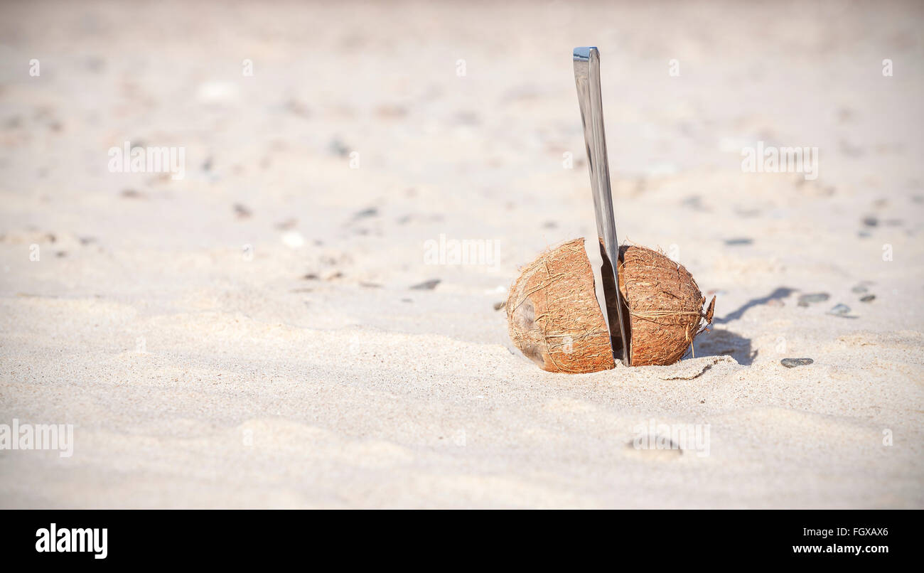 Coco cortada por la mitad con un cuchillo en una playa. Foto de stock