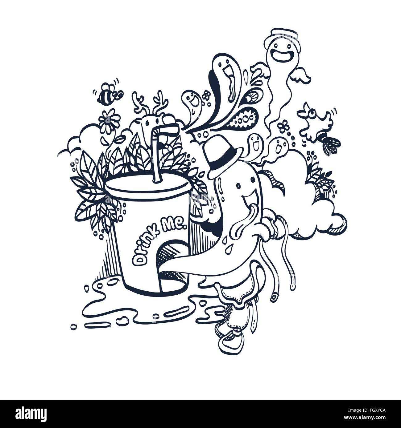 Ilustración vectorial de Doodle gracioso espíritu de bebida, dibujadas a mano para colorear Ilustración del Vector