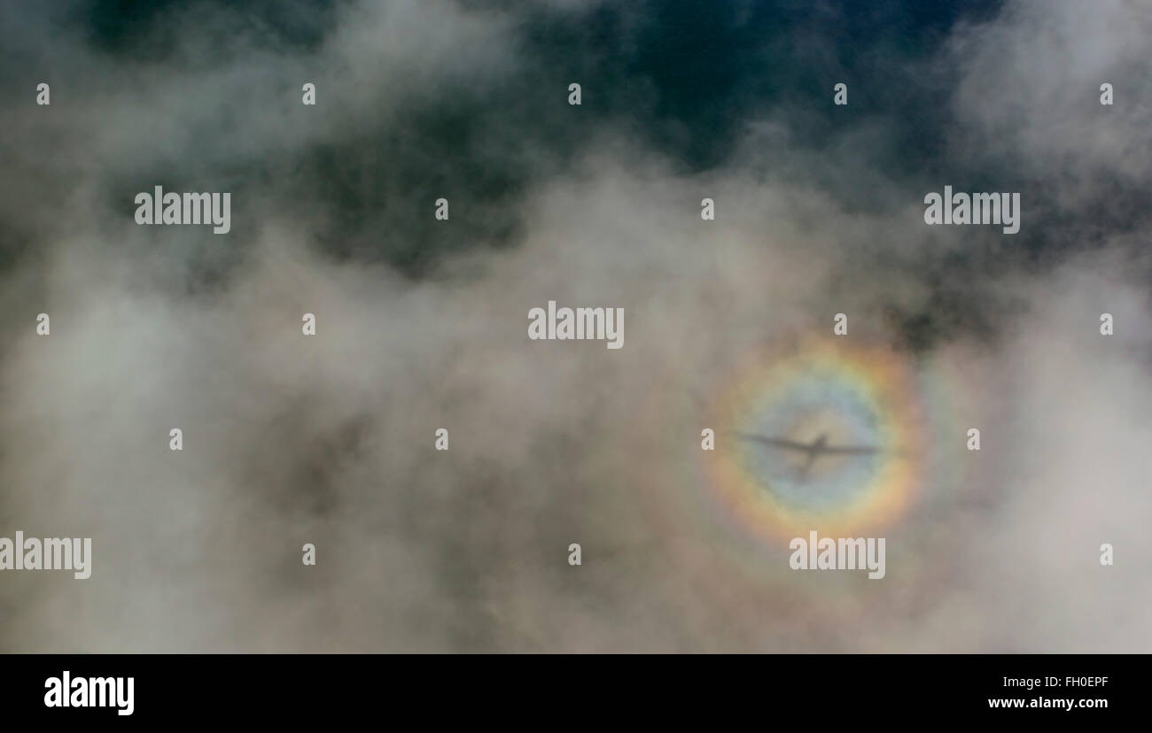 Vista aérea, arco iris en una nube, el foco sombra del avión, el arco secundario, los aviones, el vapor, la sombra del arco iris circular, Foto de stock