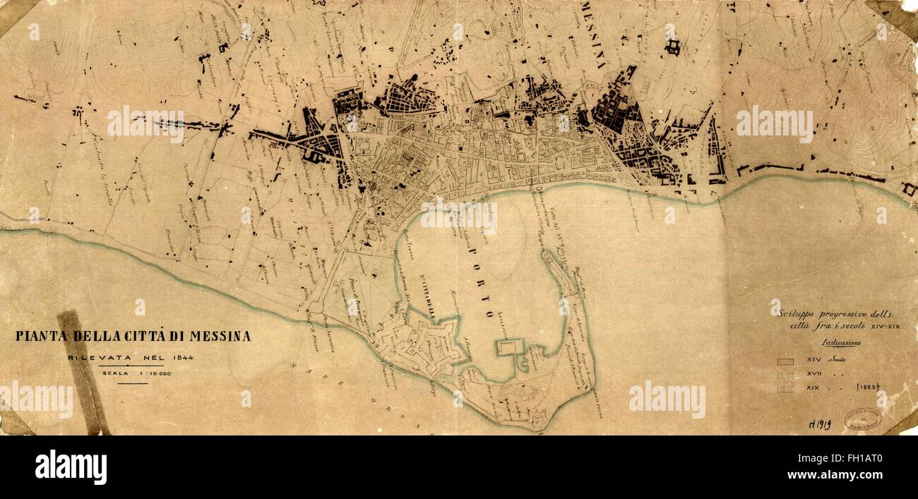 Vista del mapa de Messina Sicilia 1844 Foto de stock