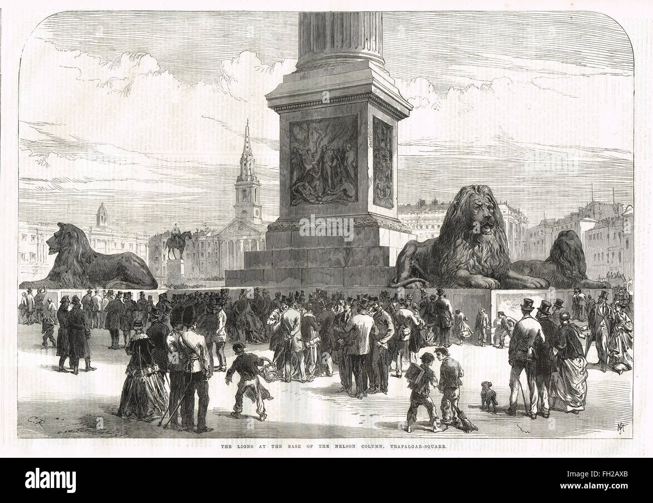 Los Leones monumental reveló, Nelson's Column, Trafalgar Square, Londres 1867 Foto de stock