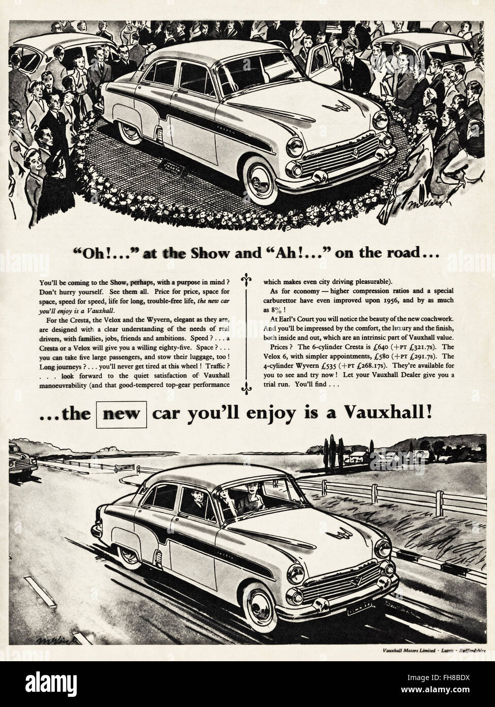 Anuncio original vintage desde 1950. Anuncio de fecha 1956 Publicidad nuevo Vauxhall coches. 50s retro Foto de stock