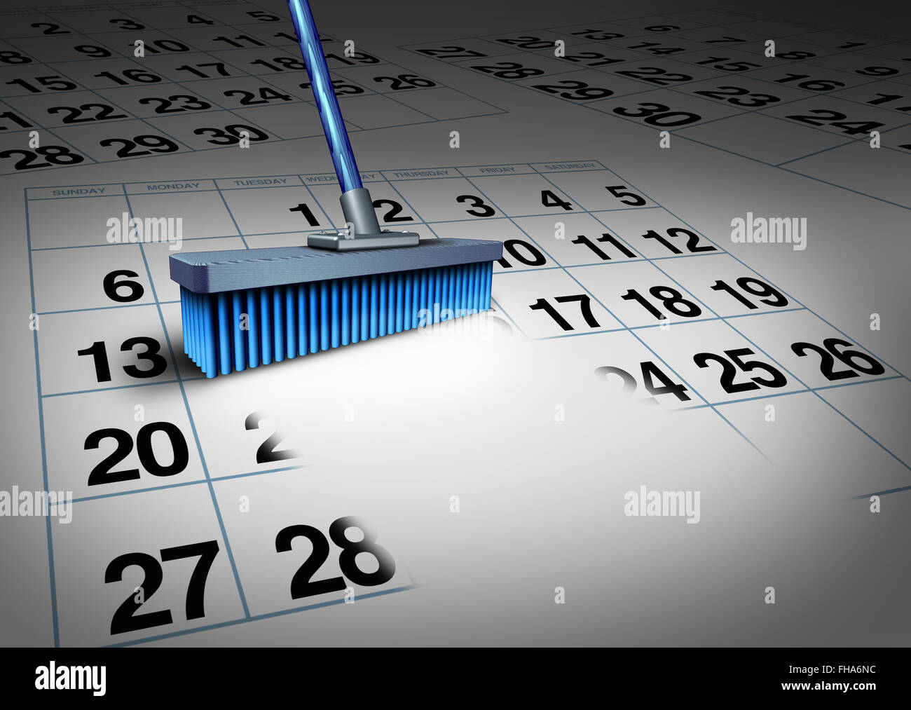Borrar la programación concepto de negocio y reducir una semana de trabajo símbolo como una escoba borrado de un calendario como una fecha calendario metáfora para la gestión del tiempo o el nombramiento de la cancelación. Foto de stock