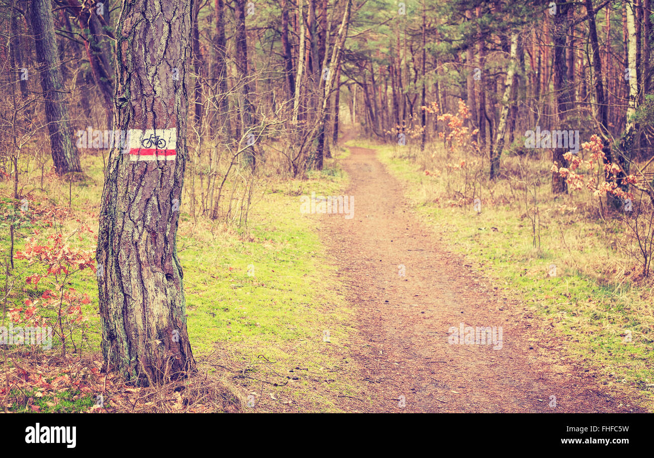 Tonos Retro Bike Trail firmar por camino forestal, poca profundidad de campo. Foto de stock