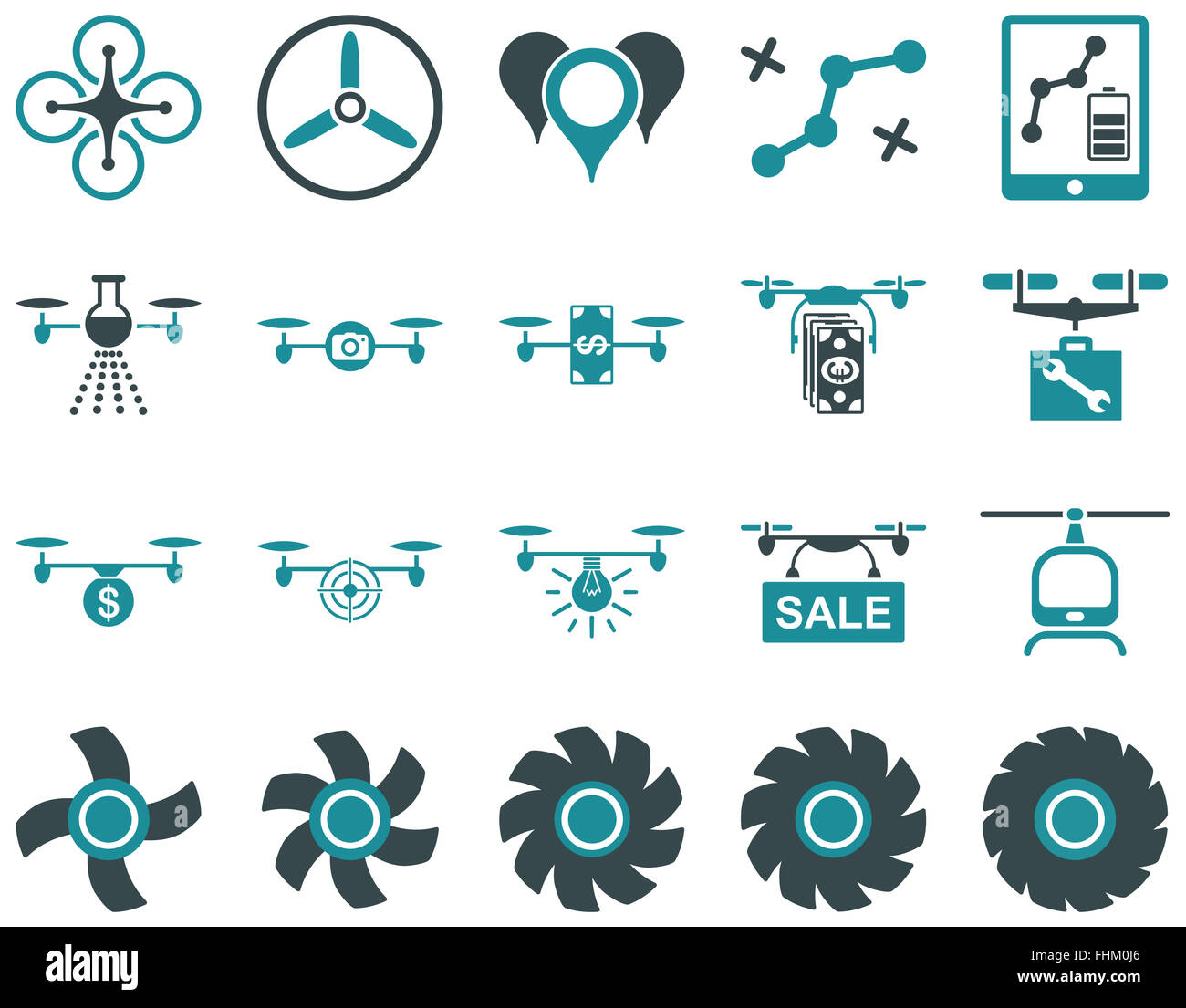 Zumbido del aire y quadcopter iconos de herramientas Foto de stock