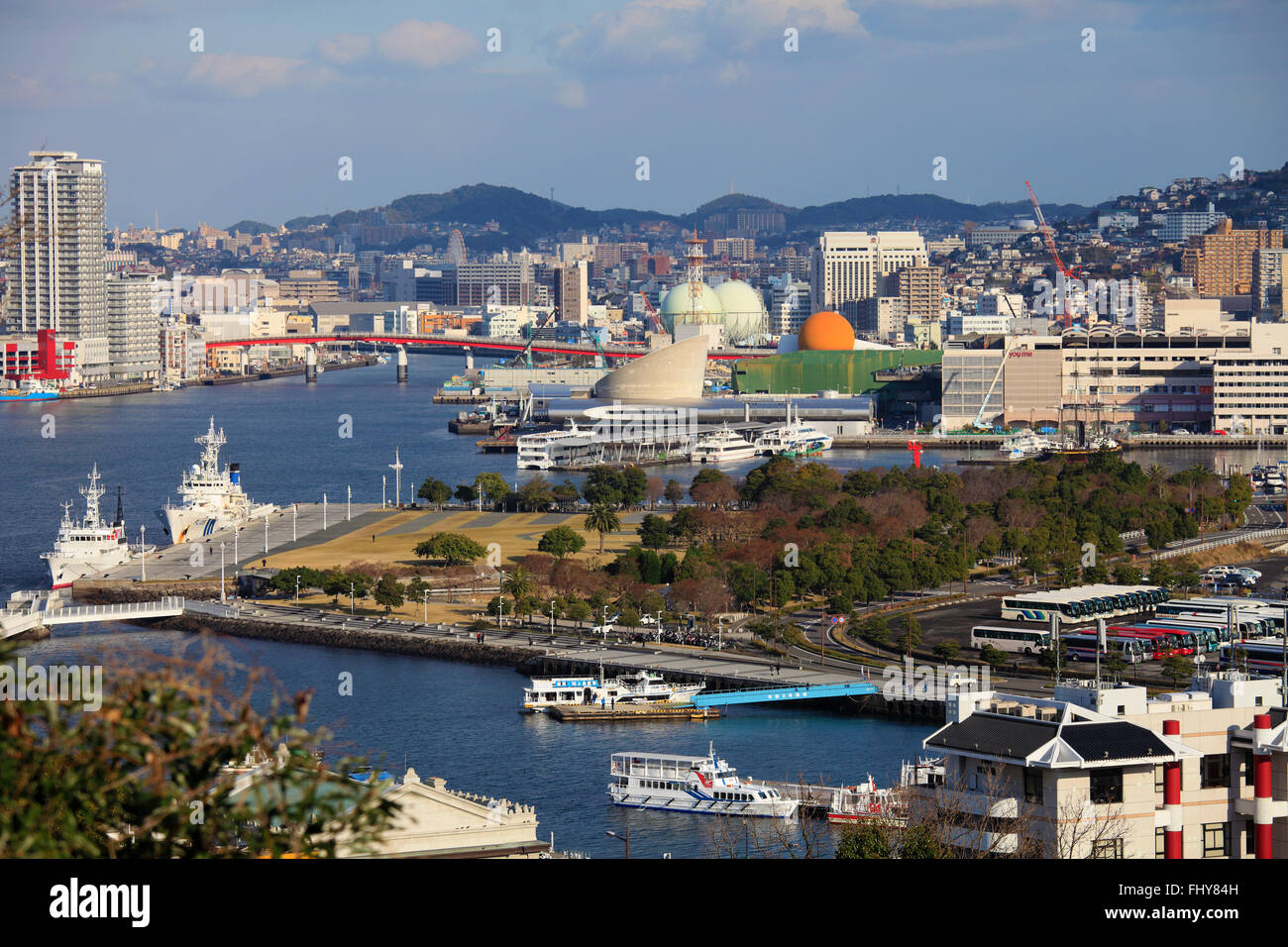 Japón, Nagasaki, skyline, puerto, Foto de stock