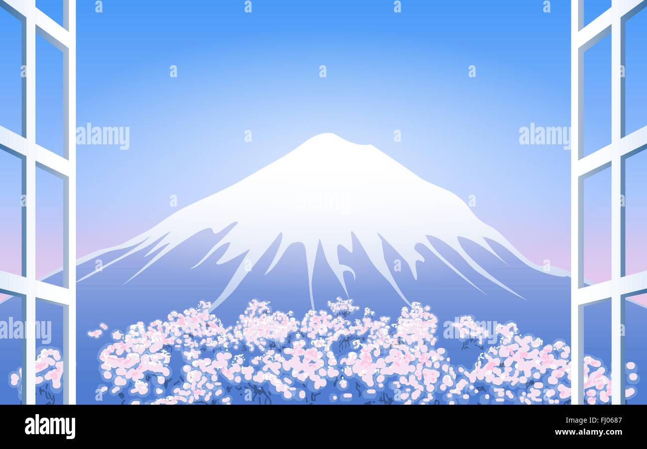 Cerezos en flor alrededor del Monte Fuji. Vista desde la ventana. Ilustración del Vector