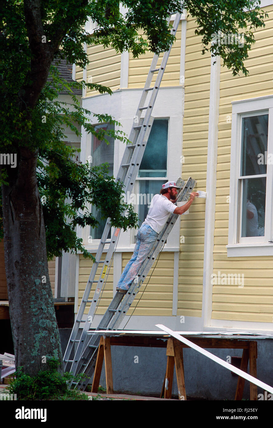 Pintor profesional en la escalera pintura histórica casa en Charleston, Carolina del Sur, EE.UU. Foto de stock