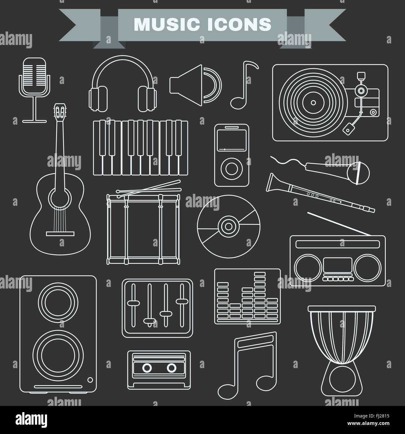 Instrumentos de música y Gadgets gran conjunto de iconos. Micrófono,  auriculares, reproductor de cintas, clarinete, guitarra, batería, Piano  eléctrico Imagen Vector de stock - Alamy