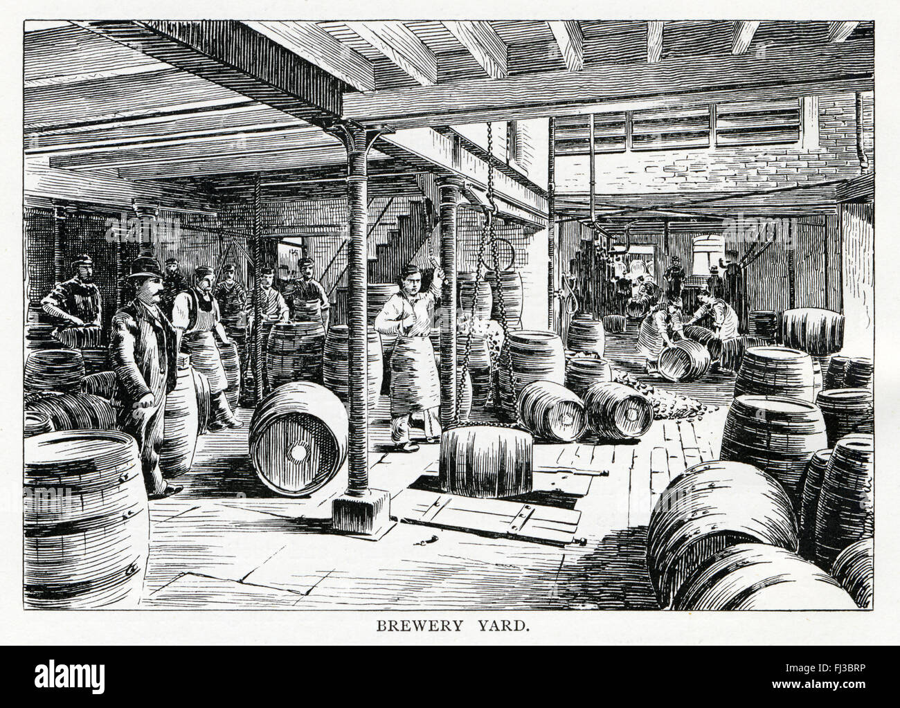 Cervecería corona, Brewery Yard, 1890 grabado de barriles de cerveza en la cervecería de Bolton Magee y Marshall Foto de stock