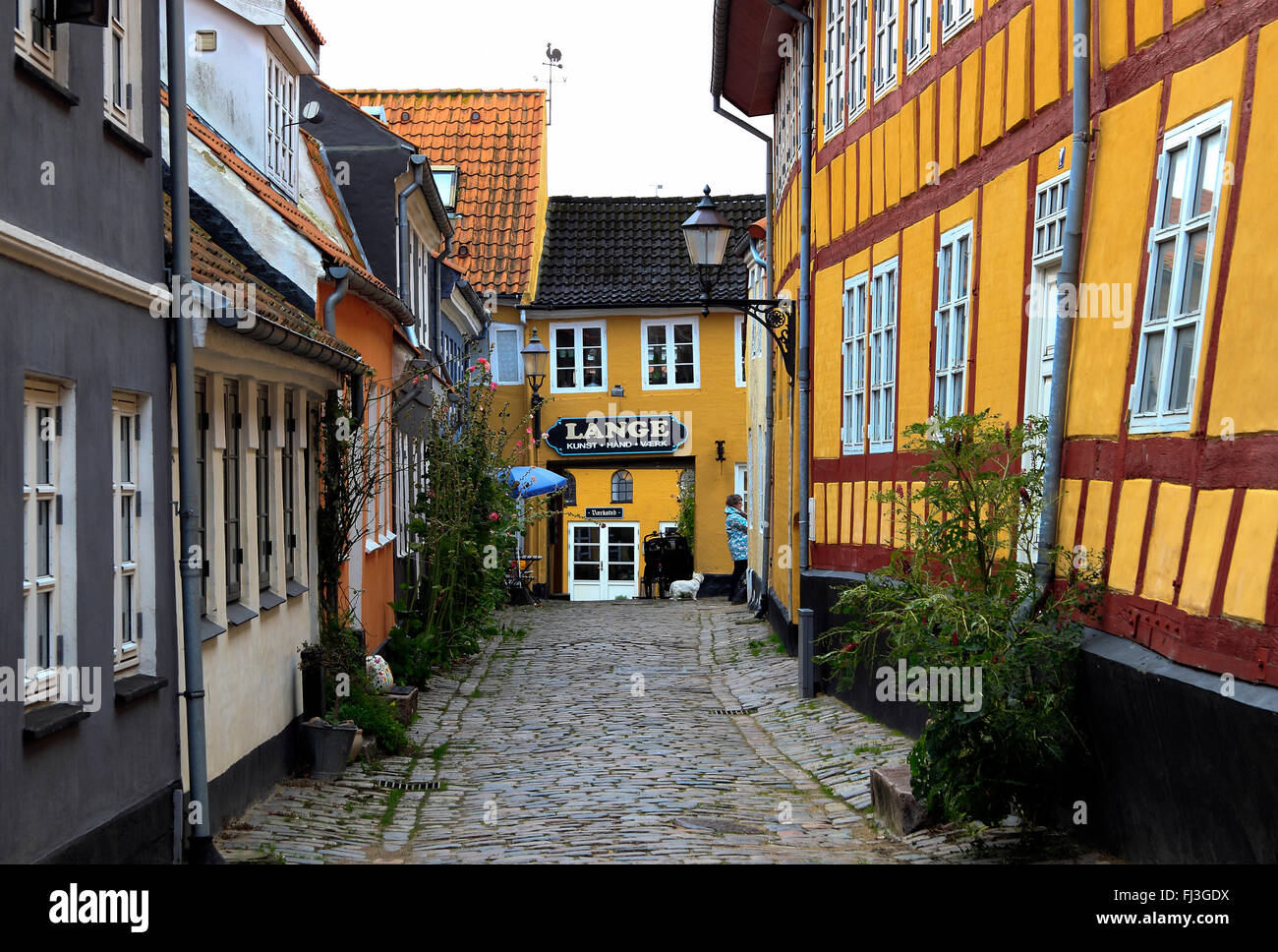 Estrecha callejuela, Aalborg Old Town, en el norte de Jutlandia, Dinamarca, Escandinavia Foto de stock