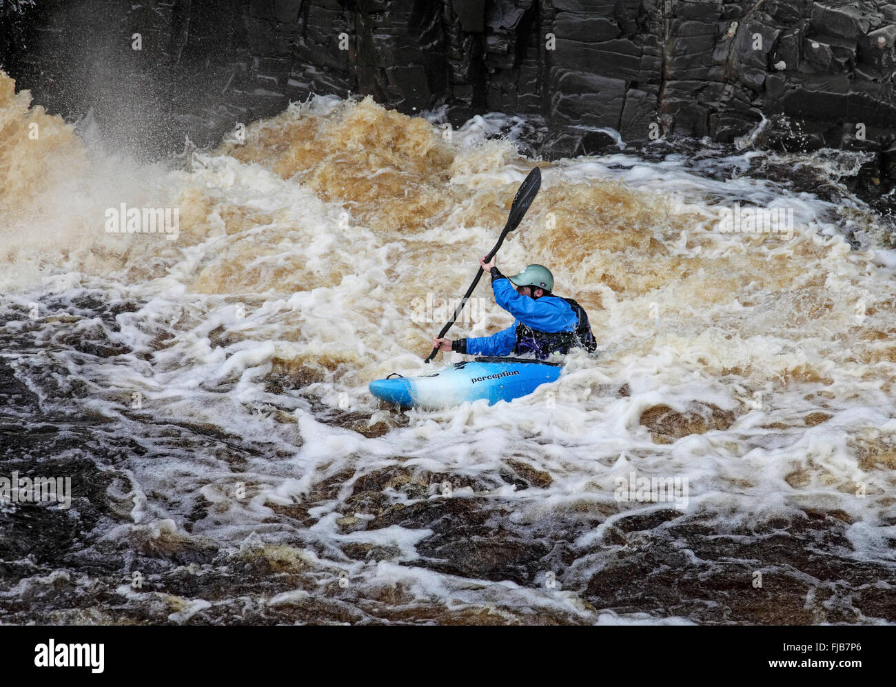 Kayakista en el río Tees a baja fuerza, Bowlees County Durham, Reino Unido Foto de stock