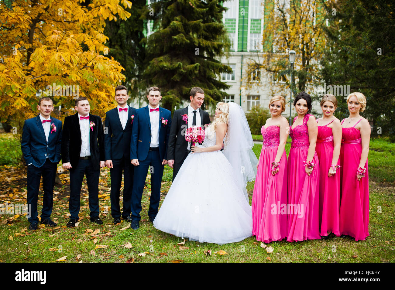 Elegante del padrino y las damas de honor con pareja de novios amarillo el  fondo de árboles Fotografía de stock - Alamy