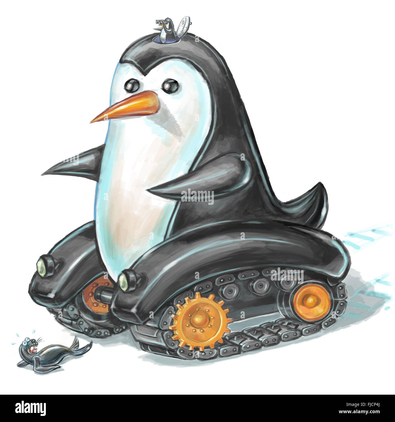 Ilustración de dibujos animados de un pingüino depósito rodando hacia un miedo lobo de mar o la junta. Foto de stock