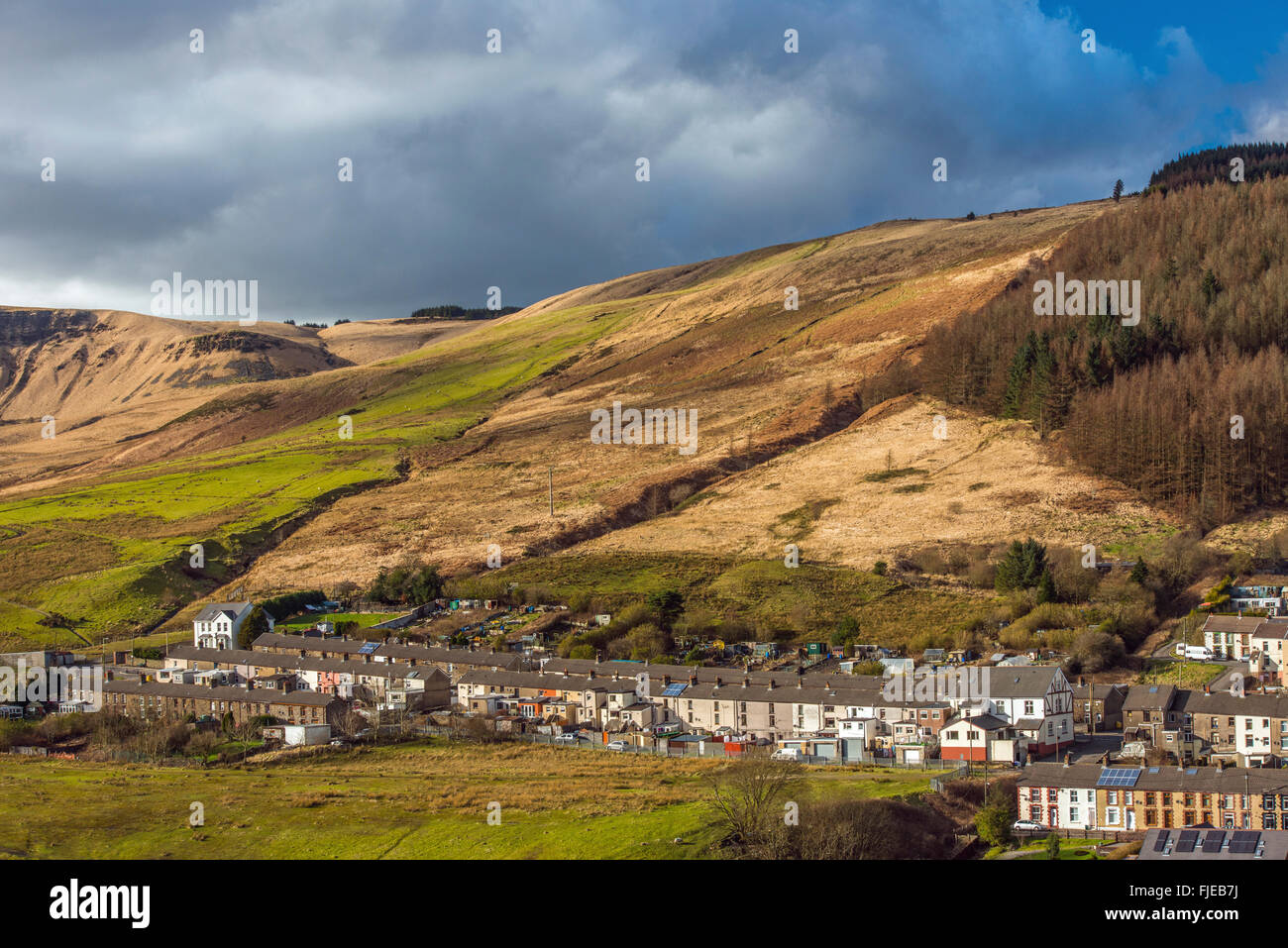 El poco viejo poblado minero de carbón Cwmparc, enclavado en las colinas que rodean el Rhondda Valley, Gales del Sur. Foto de stock