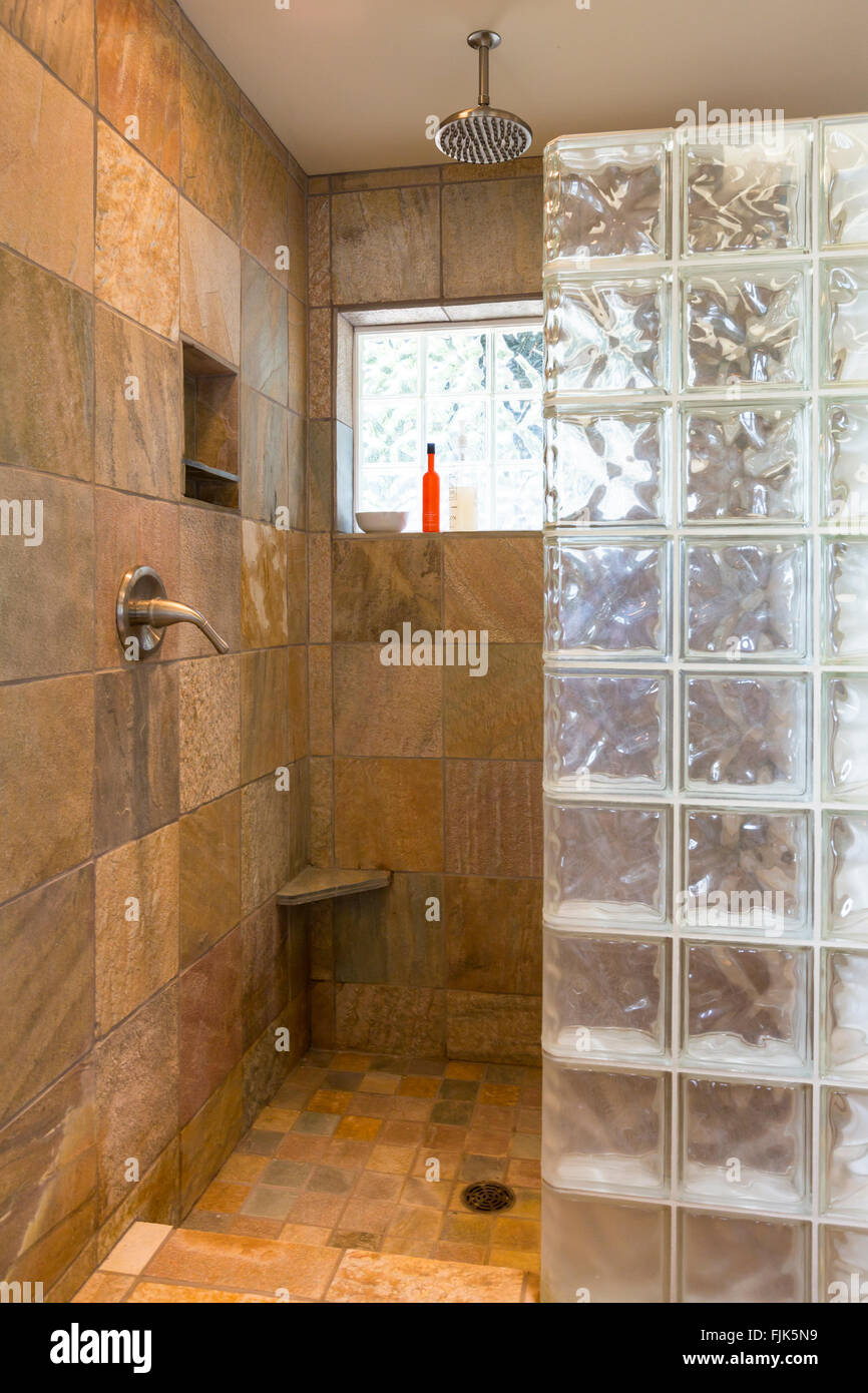 Baño Spa zona de ducha con baldosas de pizarra y paredes de bloque de vidrio en el interior contemporáneo de gran escala Foto de stock