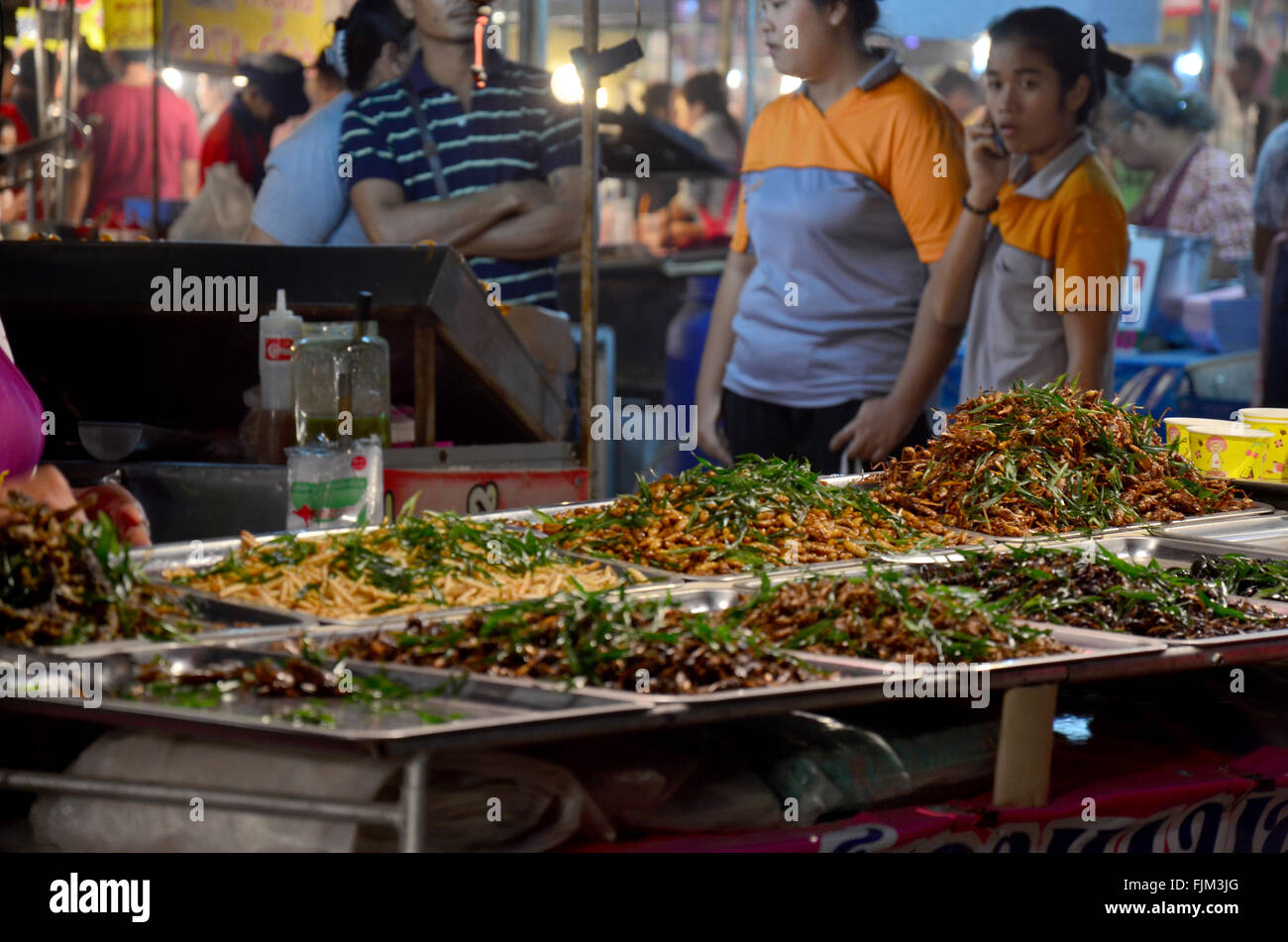 La gente vendiendo aperitivo tailandés muchos tipos de insectos fritos en el mercado justo en el festival anual de Wat Pho Lam el 6 de febrero de 2016 i Foto de stock