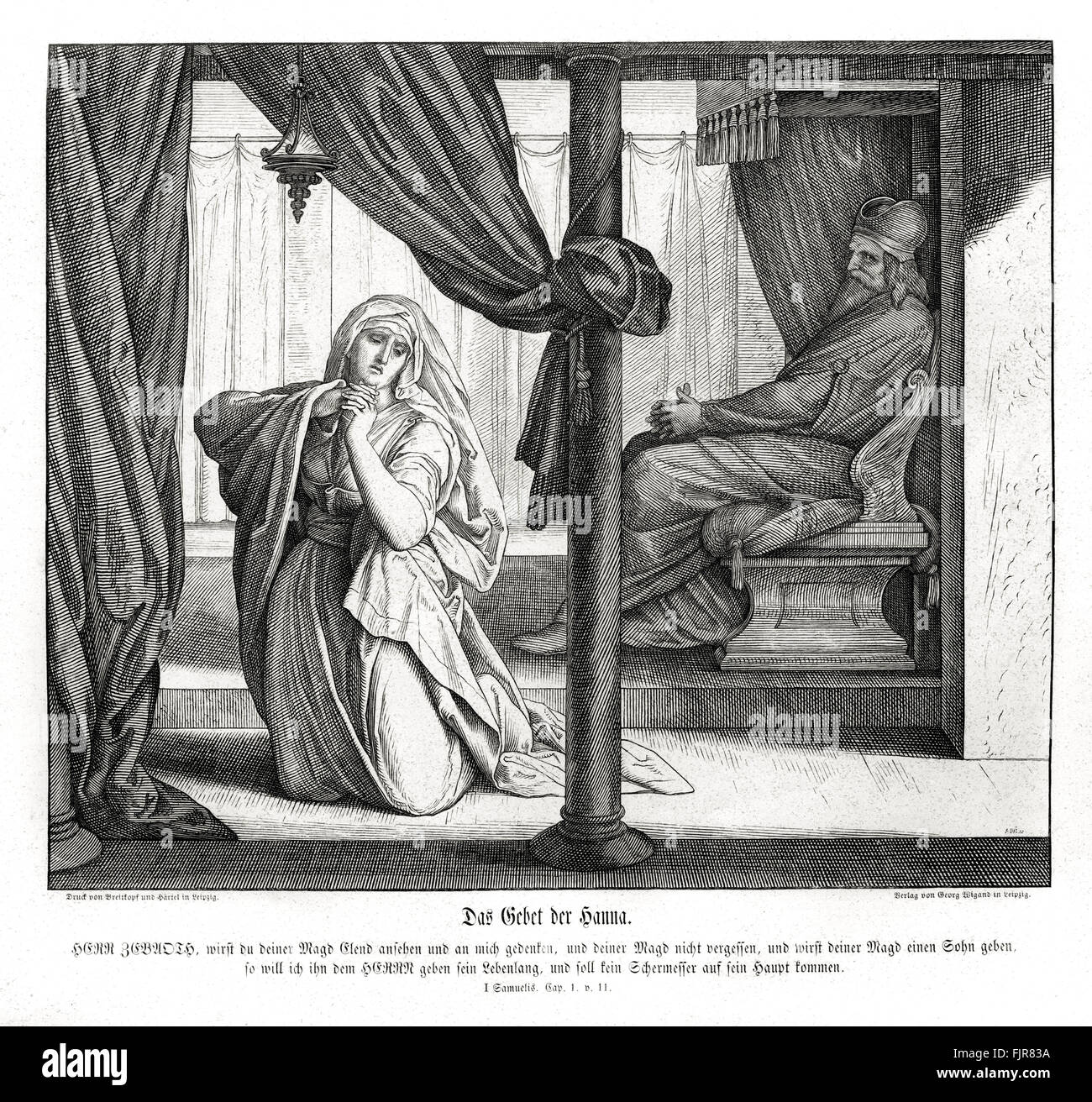 Hannah la oración, 1 Samuel capítulo 1 versículo 11 "y prometió un voto, y dijo: Oh Jehová de los ejércitos, si te dignares mirar la aflicción de tu sierva y acuérdate de mí, no olvidarte de tu sierva, mas dieres á tu sierva un hijo varón, yo lo dedicaré á Jehová todos los días de su vida, y no subirá navaja sobre su cabeza." Ilustración 1852-60 por Julius Schnorr von Carolsfeld Foto de stock
