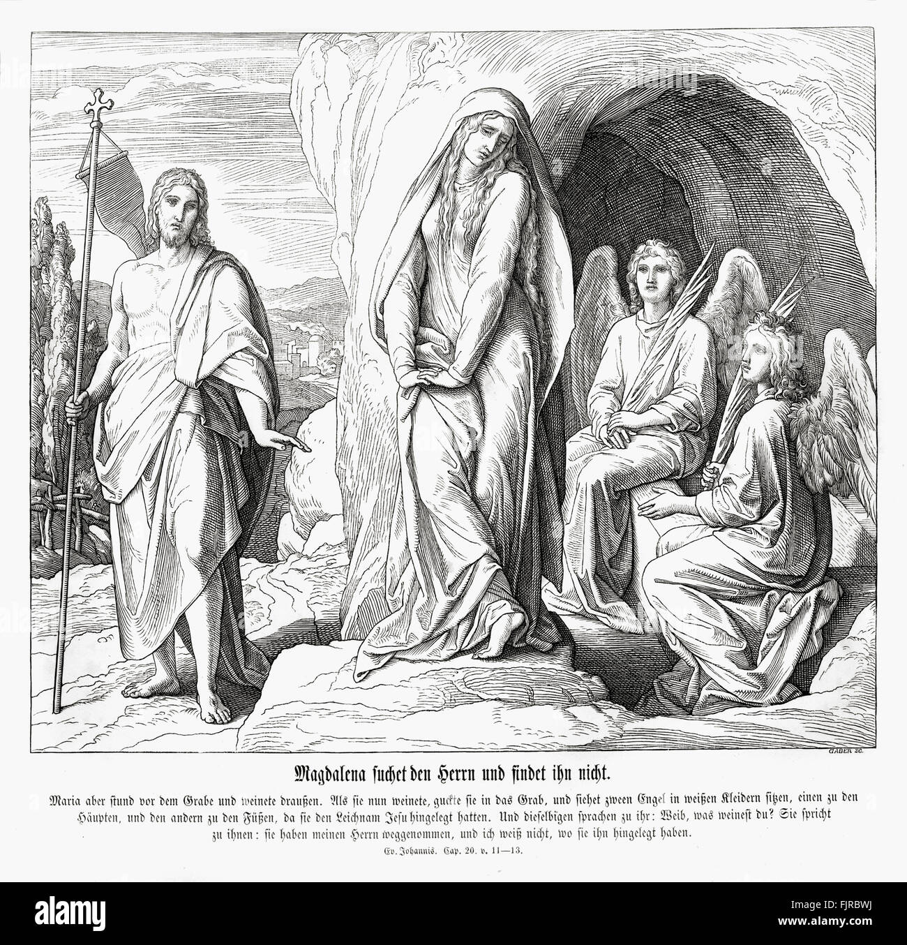 María Magdalena en la tumba de Jesús, el Evangelio de Juan capítulo XX los versículos 11 - 13 "Pero María estaba sin al sepulcro llorando: y como ella lloró, ella, inclinado hacia abajo, y miraba en el sepulcro, y vió dos ángeles vestidos de blanco sentados, el uno a la cabecera, y el otro en los pies, donde el cuerpo de Jesús había mentido." Ilustración 1852-60 por Julius Schnorr von Carolsfeld Foto de stock