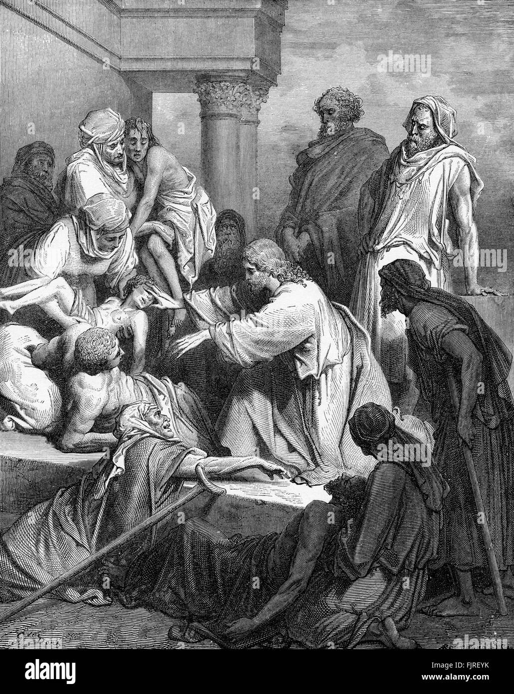 Jesús en la curación de los enfermos (Mateo capítulo IV), ilustración de Gustave Doré (1832 - 1883) Foto de stock