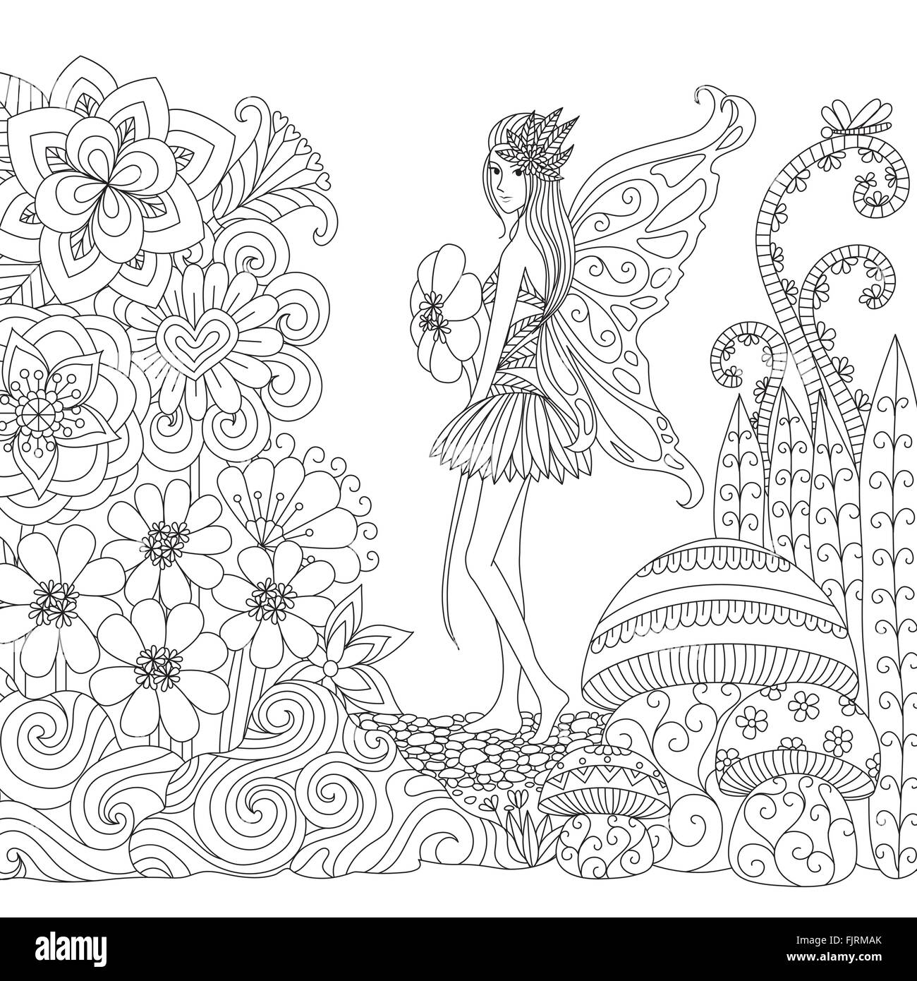 Dibujadas a mano hada volando en tierra de flores para colorear para adultos Ilustración del Vector