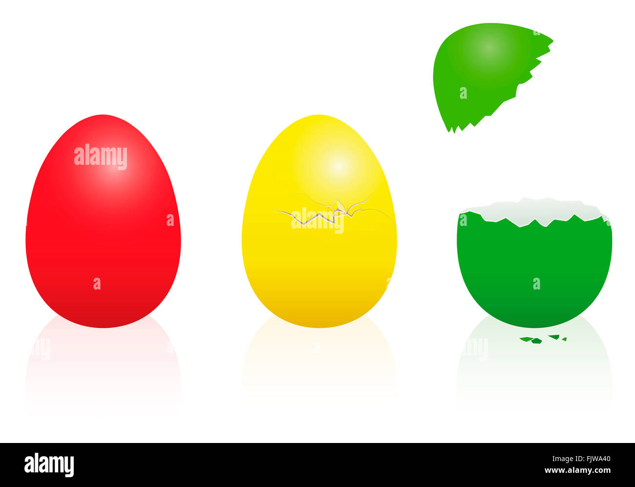 Los huevos de Pascua - semáforo de colores: rojo, amarillo, verde- intacto, roto, abierto. Ilustración tridimensional. Foto de stock