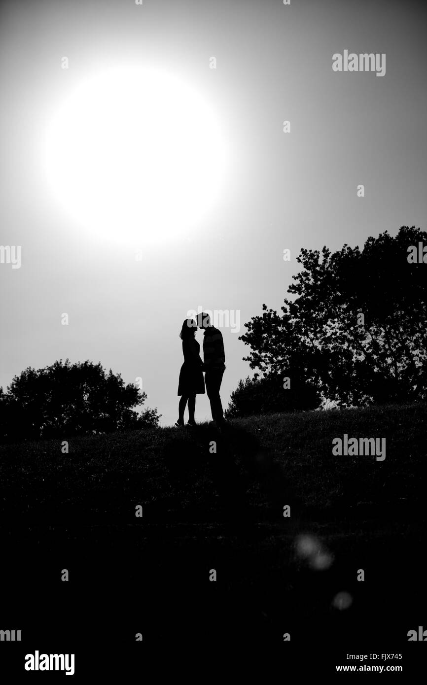 Silueta de una pareja abrazada entre árboles, el brillo del sol Foto de stock