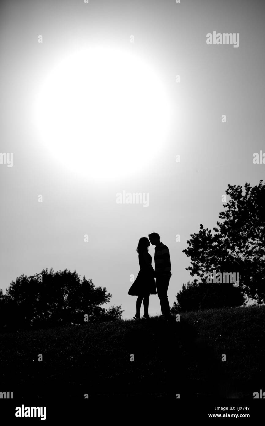Silueta de una pareja abrazada entre árboles, el brillo del sol Foto de stock