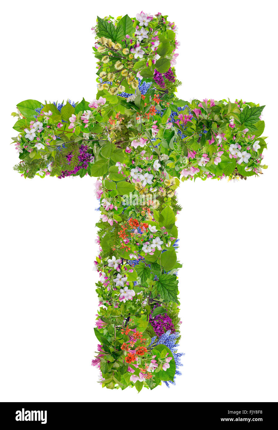 Pascua muelle verde cruz de Jesús en mi corazón el concepto. Collage de resortes de ramas de plantas y flores. Aislados. Usted puede encontrar Foto de stock