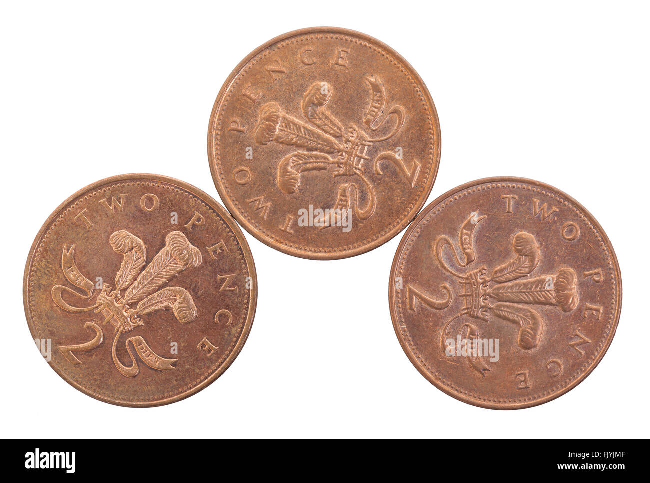 Dos peniques monedas aislado sobre un fondo blanco. Foto de stock