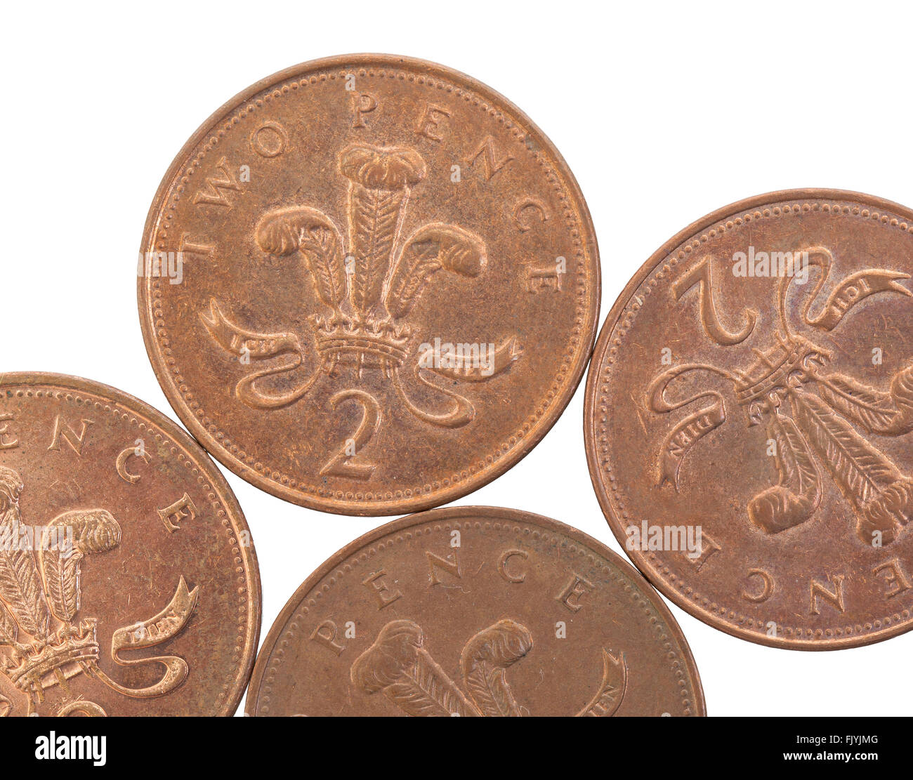 Dos peniques monedas aislado sobre un fondo blanco. Foto de stock