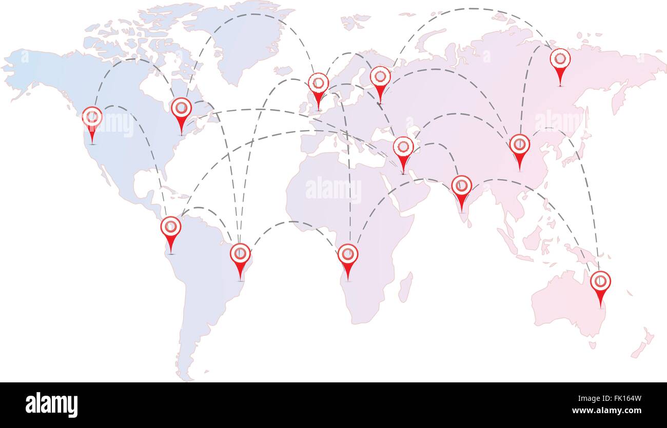 Las rutas aéreas entre ciudades con patillas rojas en el mapa del mundo Ilustración del Vector