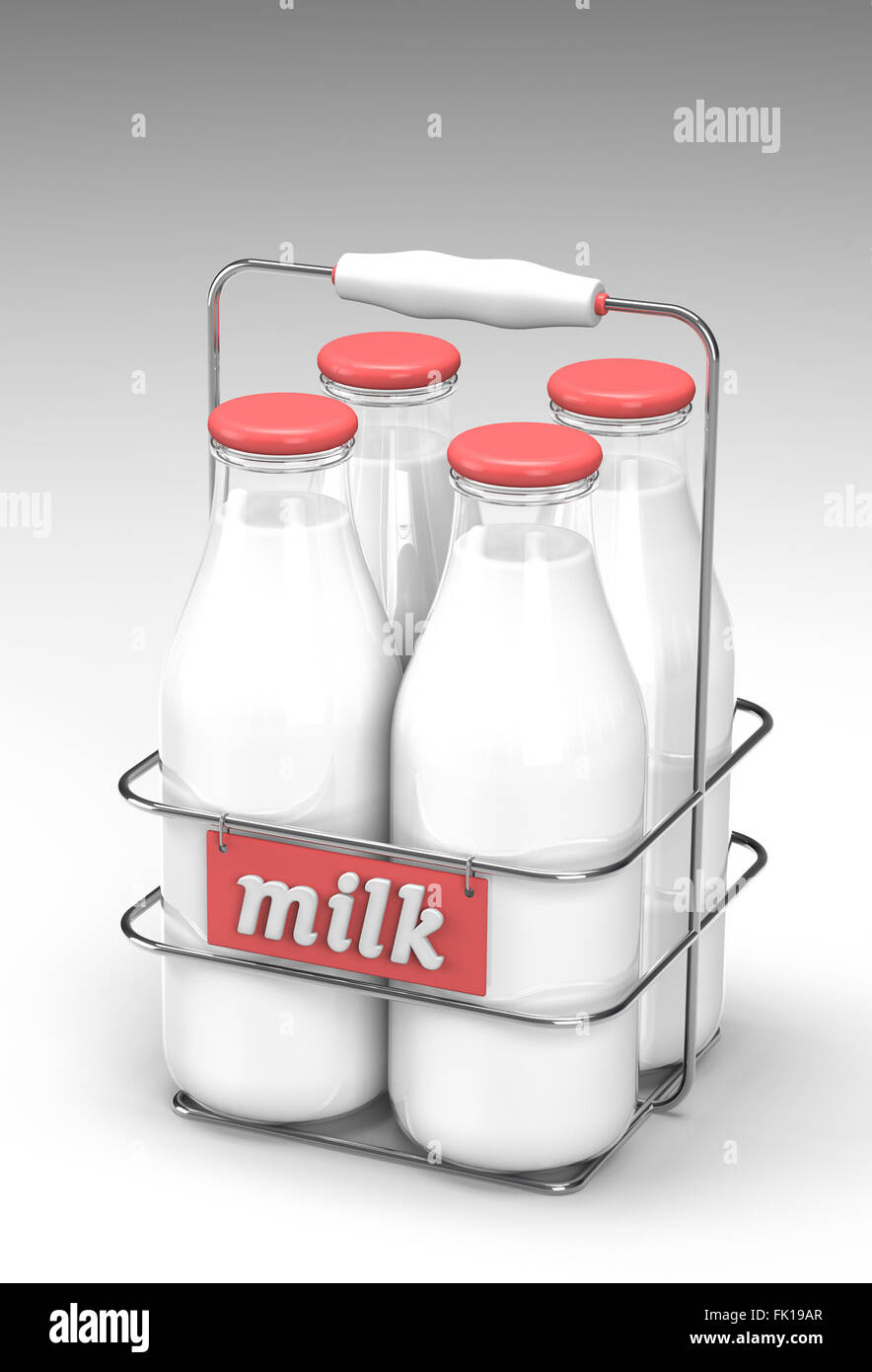 Cuatro botellas de leche de vidrio con tapas de luz roja en un estuche metálico con soporte y leche de la palabra escrita en la parte delantera en blanco Foto de stock