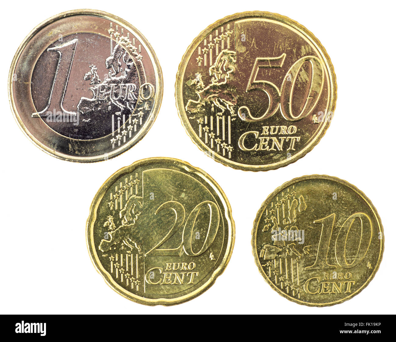 Las monedas de euro: un euro y cincuenta céntimos, 20 céntimos, 10 céntimos Foto de stock