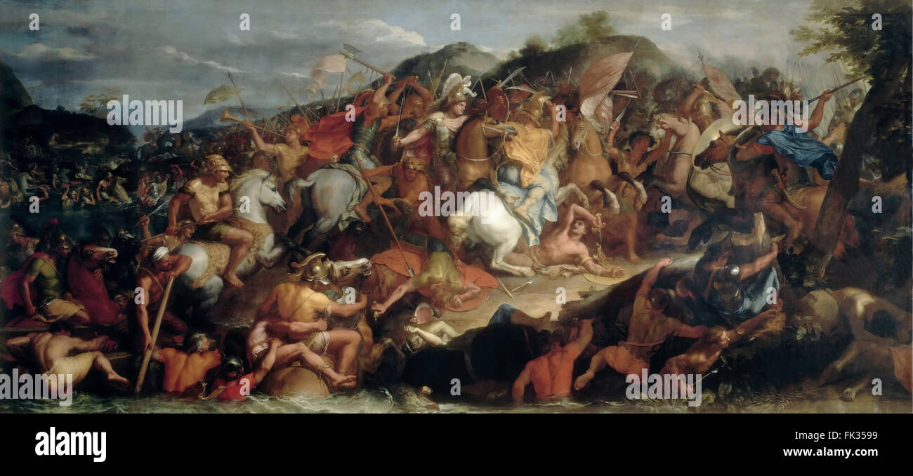 Pintura de Alejandro el Grande en la batalla del río Granicus en 334 BC lucharon contra el Imperio Persa. Dominio público pintura de Charles Le Brun en 1665. Foto de stock
