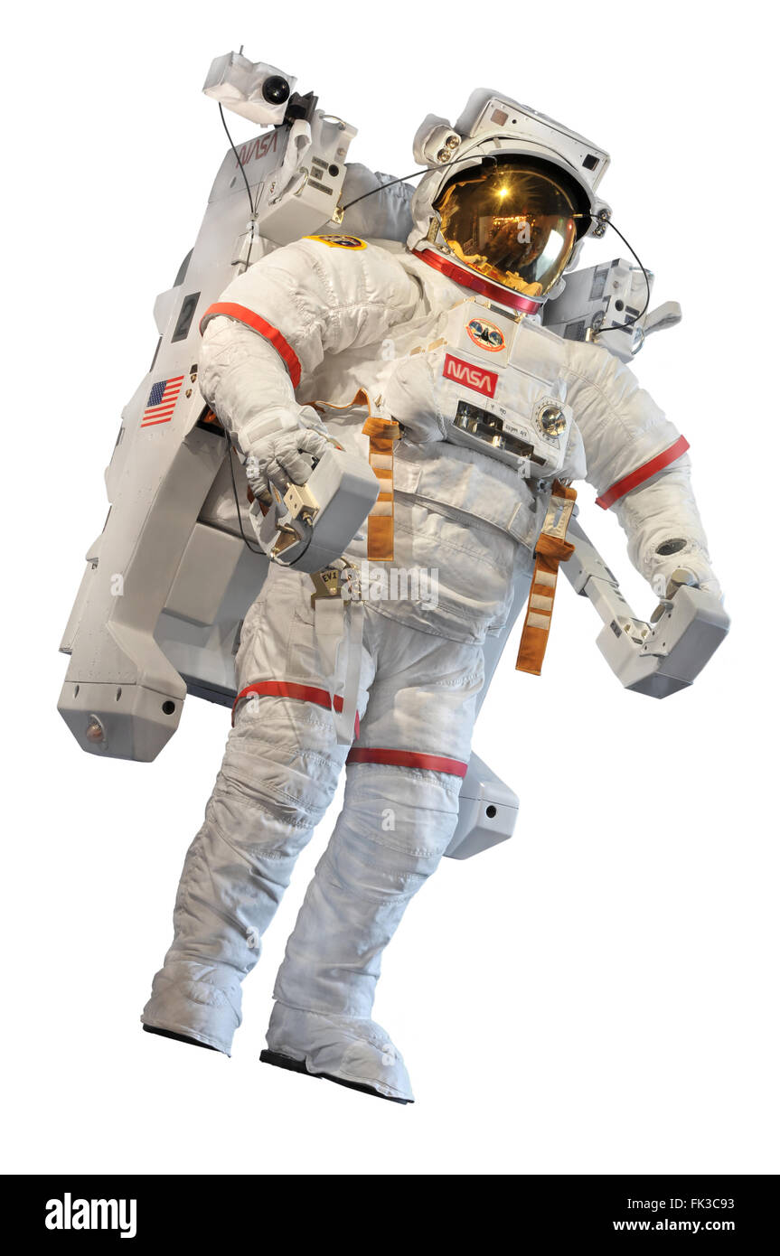 El astronauta de la NASA en plena marcha incluyendo un jet pack aparece en el Kennedy Space Center en Cape Canaveral, Florida USA. Foto de stock